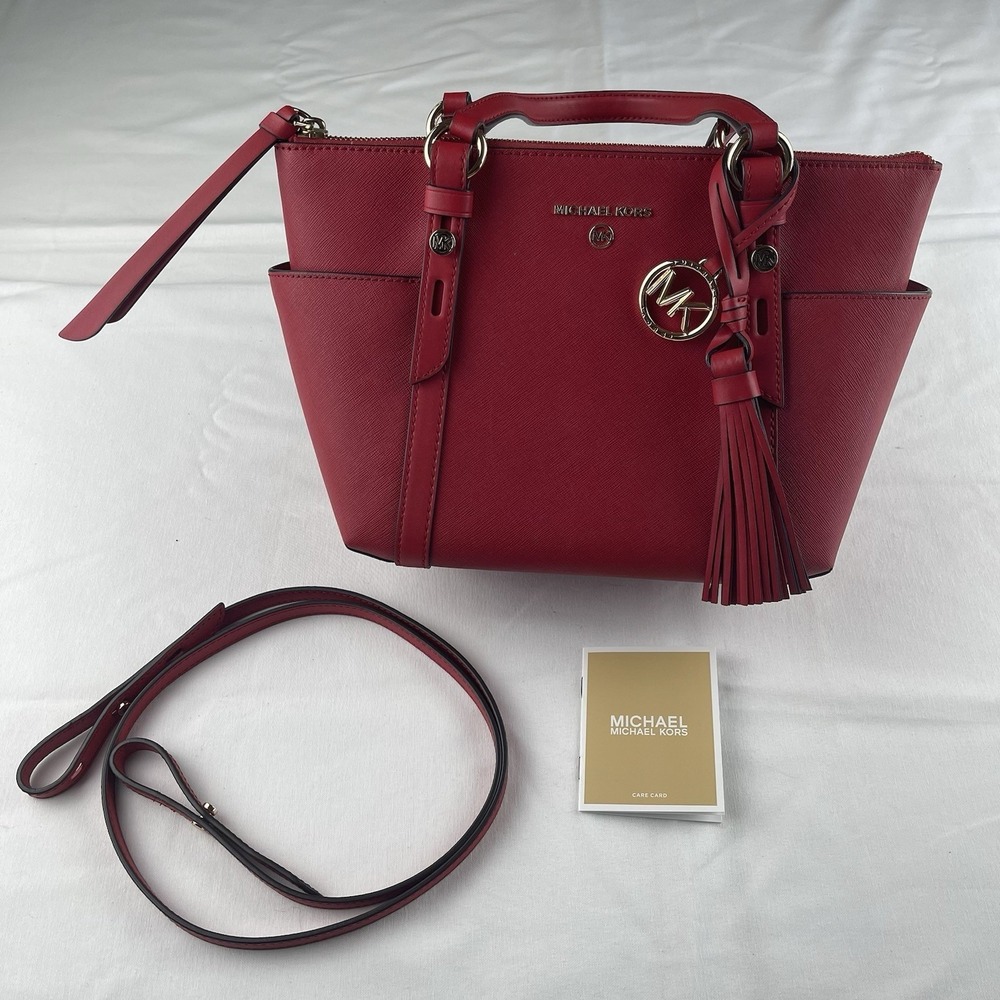 Michael Kors Red Saffiano Leather Satchel Crossbody Bag Gold Hardware Tassel